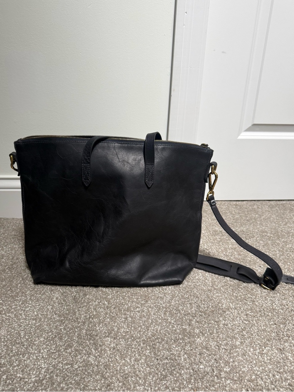 Madewell Navy Blue Leather Tote with Brass Zipper Detail